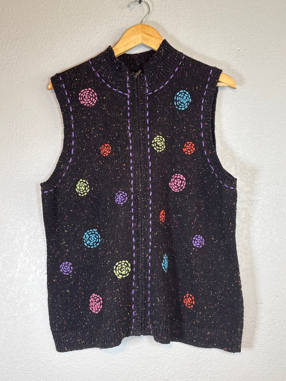 Vintage Knit Zip Sweater Vest Black Multicolor Polka Dot XL Wool Artsy Eclectic